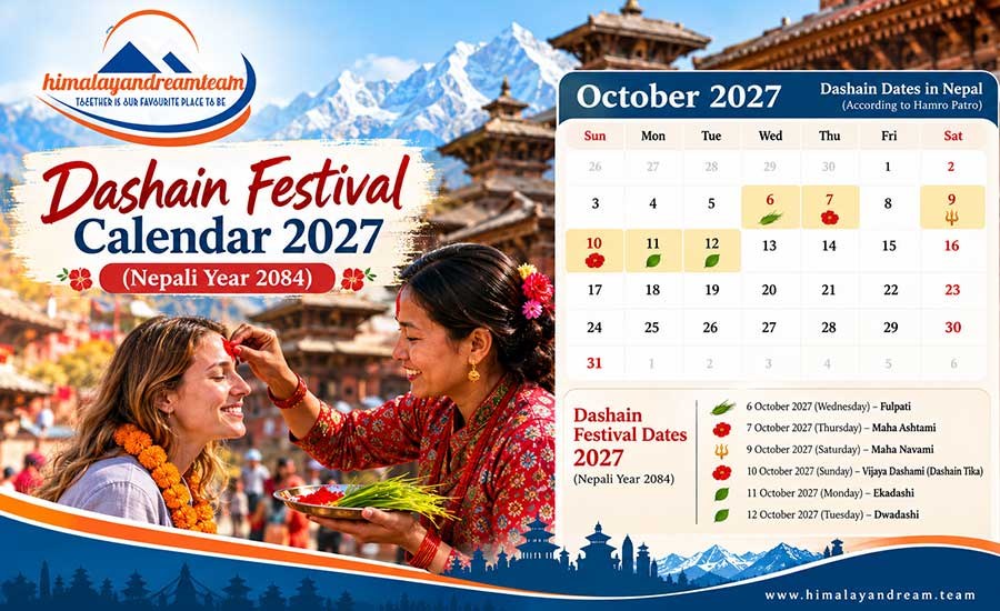 Dashain Festival Calendar 2027 AD and 2084 BS in Nepal showing Fulpati, Maha Ashtami, Maha Navami and Vijaya Dashami dates.