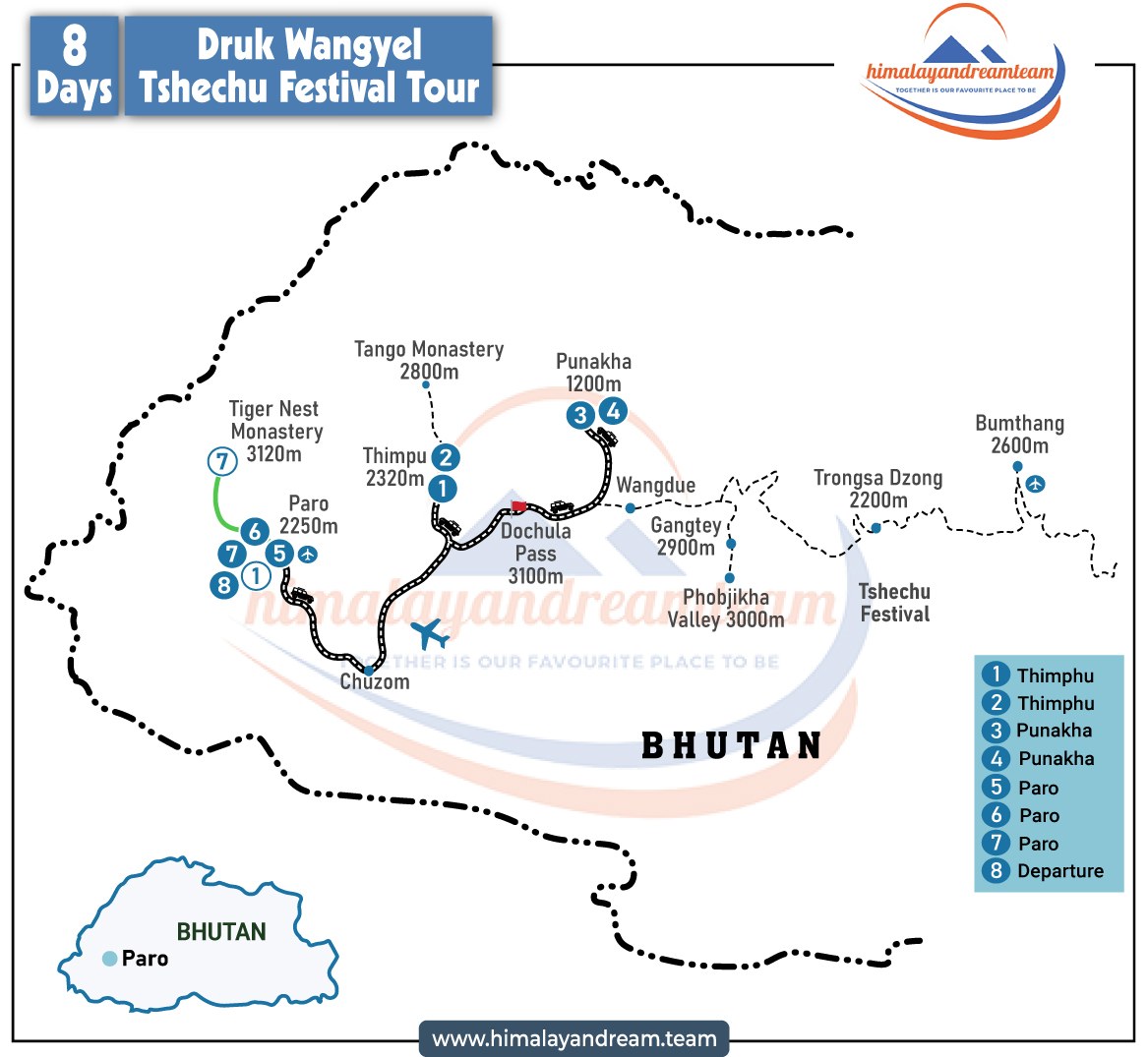 Druk Wangyel Tshechu Festival Tour – 8 Days route map