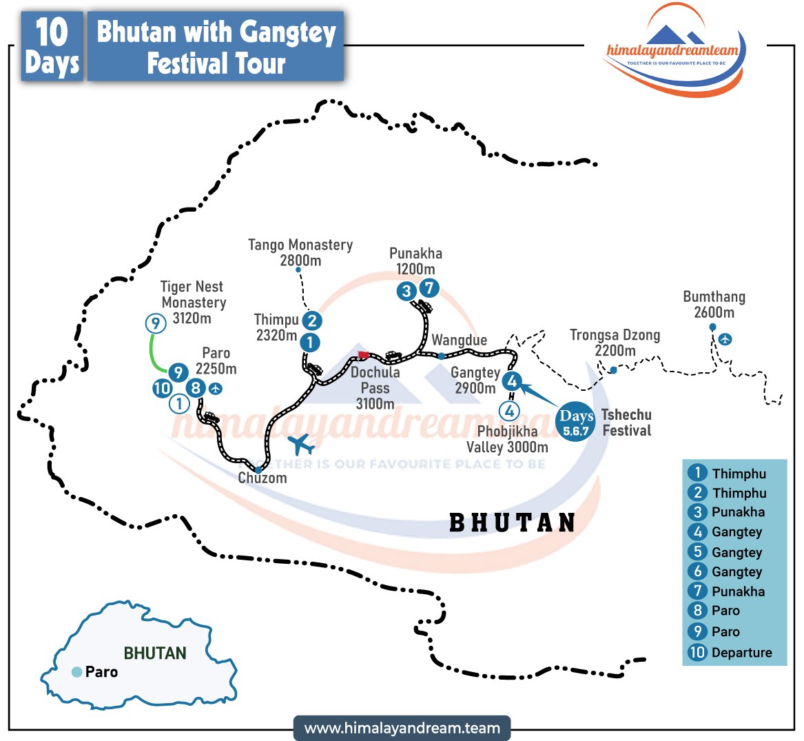 Bhutan with Gangtey Festival Tour – 10 Days route map