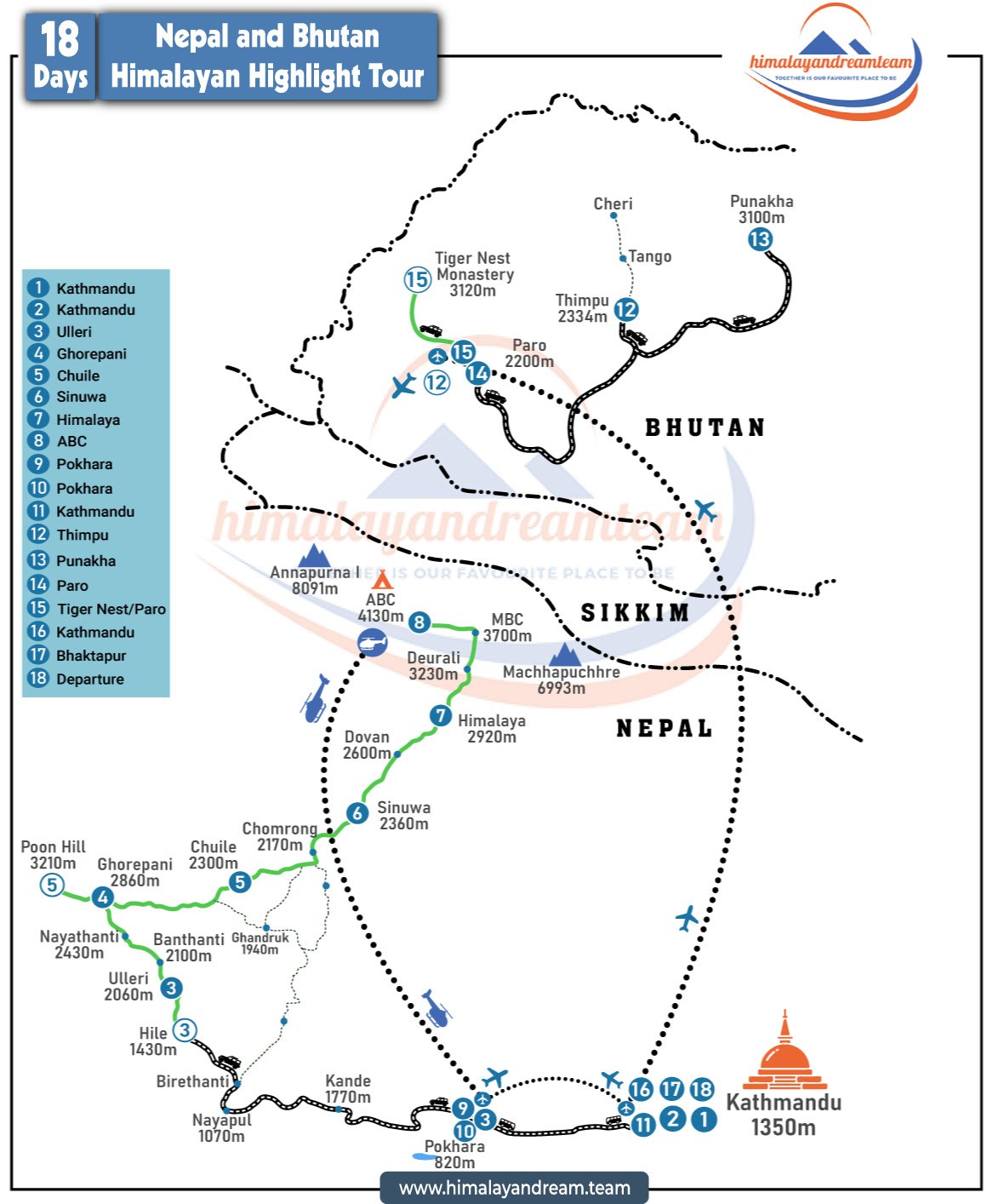 Nepal and Bhutan Himalayan Highlights Tour route map