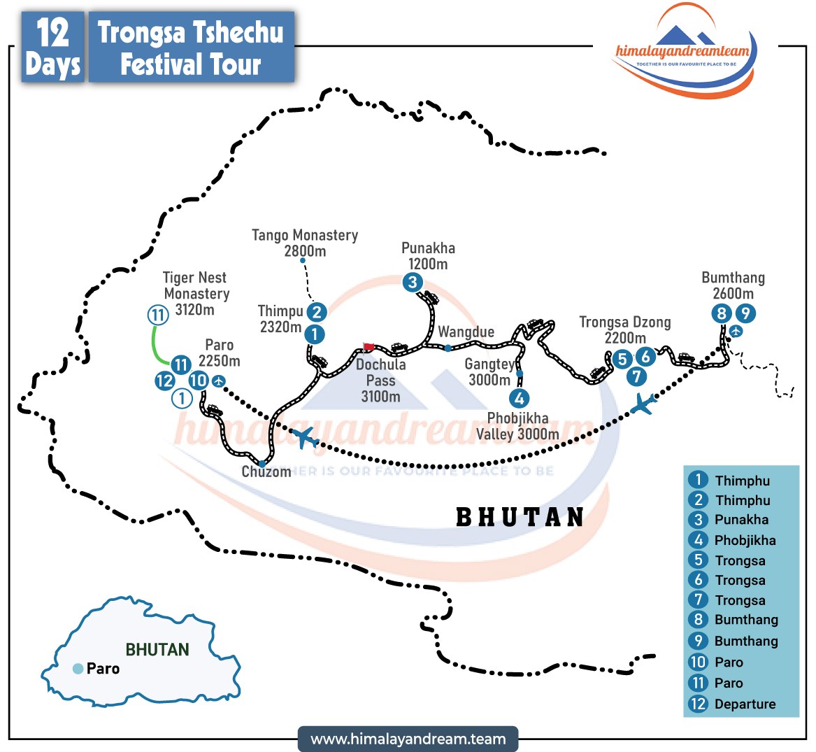 Trongsa Tshechu Festival Tour – 12 Days route map